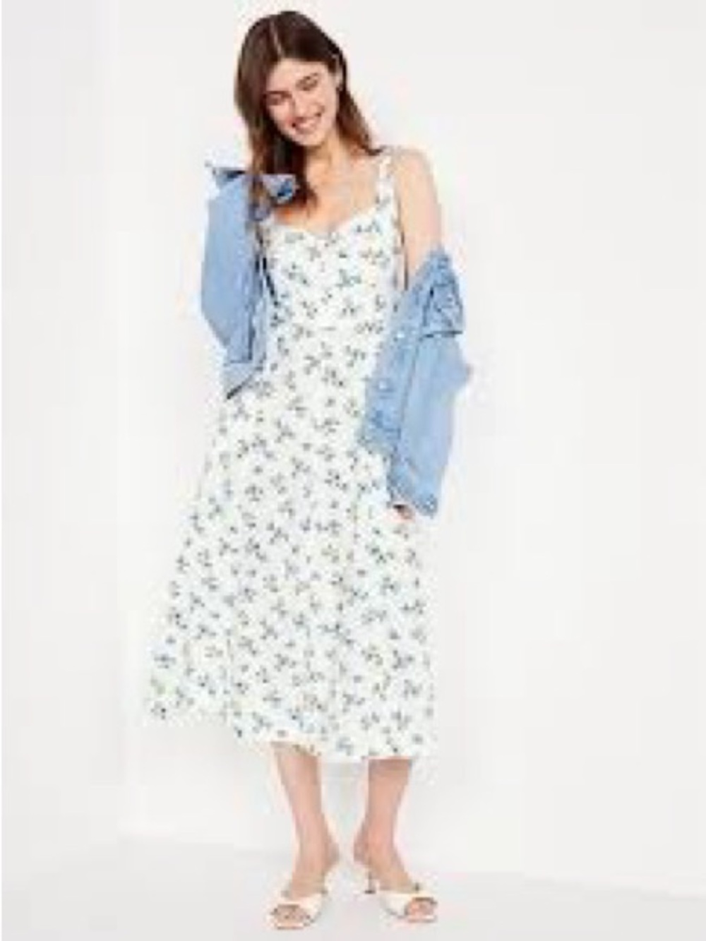 Old Navy White Midi Dress with Blue Floral Pattern, size medium